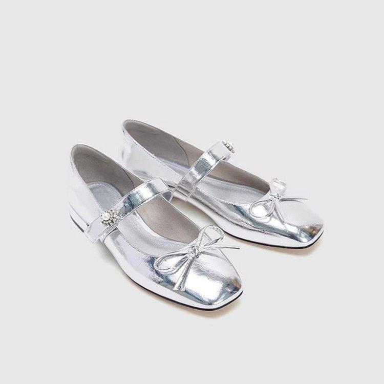 Bow French silver Mary Jane shoes women's spring 2025 new square head mirror retro thick heel single shoes women
