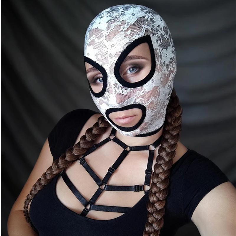 White All-inclusive Lace Hood Adjustable Straps Open Mouth Mask Leather All-inclusive Cosplay Adult