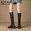Brown Round Head Belt Buckle Long Knight Boots Women's 2025 New Autumn and Winter Velvet But Knee-thin High Boots