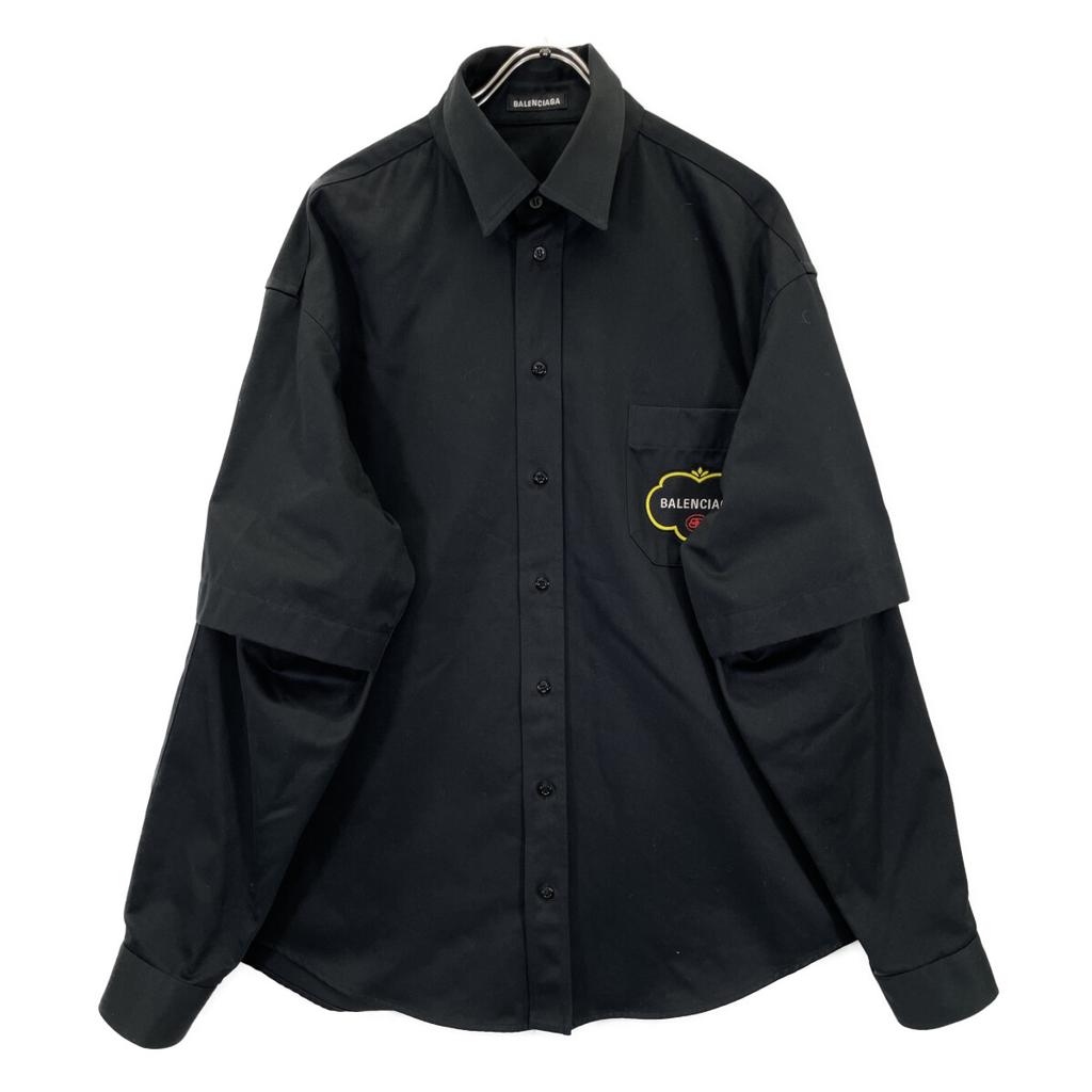 Balenciaga 2019 603106 Black Logo Double Sleeve Shirt Tops 37 blackUsed