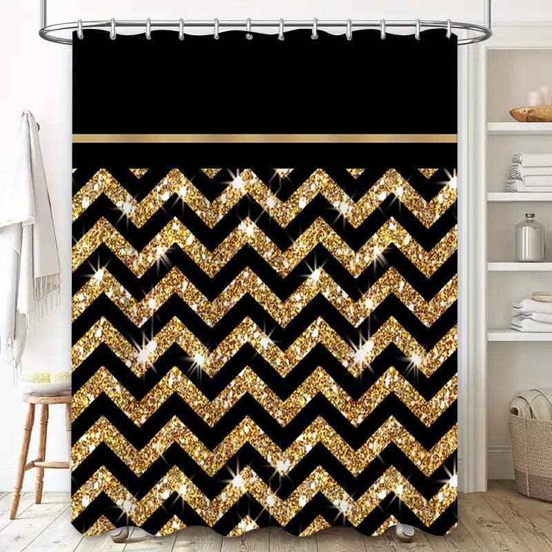 Vibrant Gold Chevron Shower Curtain For Bathroom Decor Shimmering Glitter Fabric With Rod Pockethole
