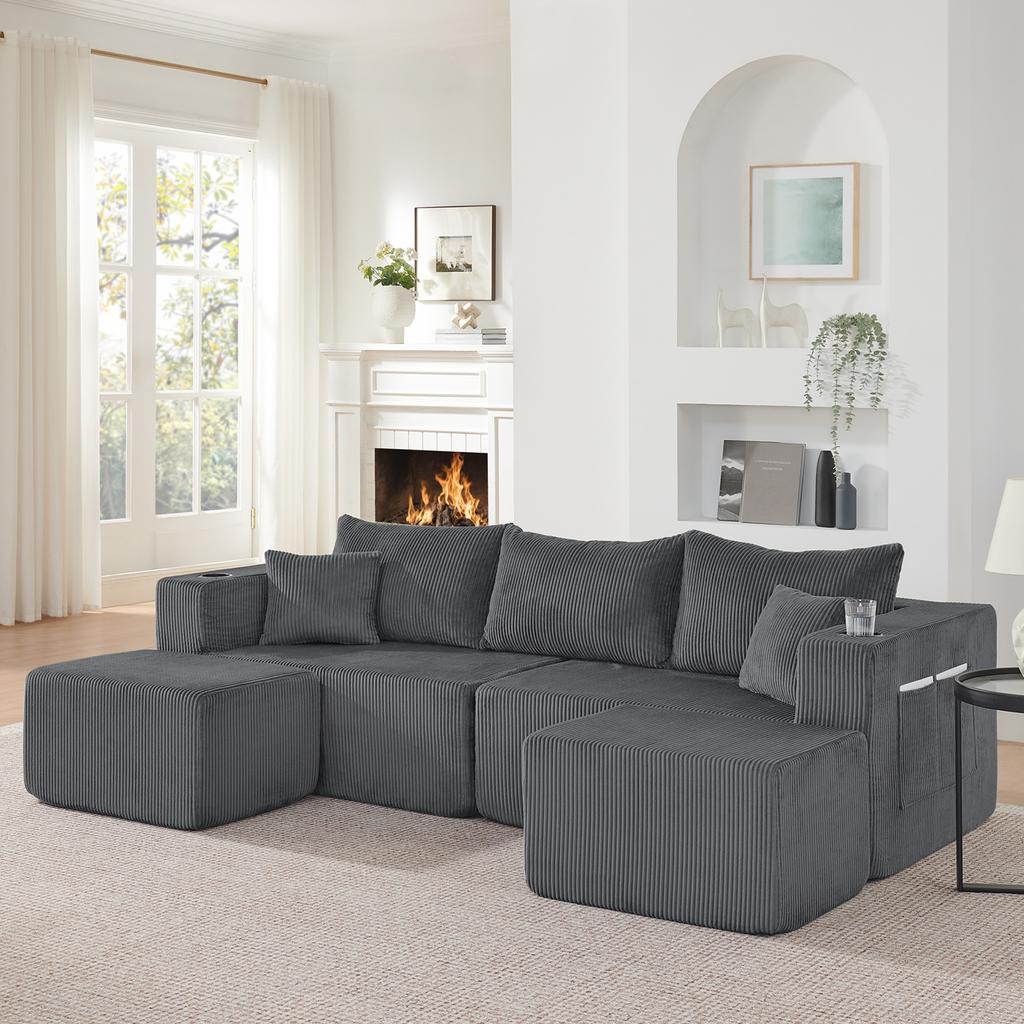 3-Seater Corner Sofa, L-Shaped with Movable Ottomans, Corduroy, Cup Holder, Side Pocket and Cushions, for Living Room, Hotels and Apartments, Gray