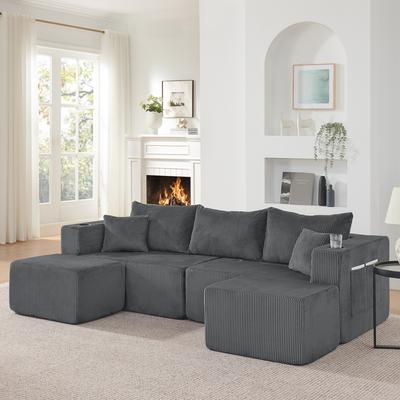 3-Seater Corner Sofa, L-Shaped with Movable Ottomans, Corduroy, Cup Holder, Side Pocket and Cushions, for Living Room, Hotels and Apartments, Gray