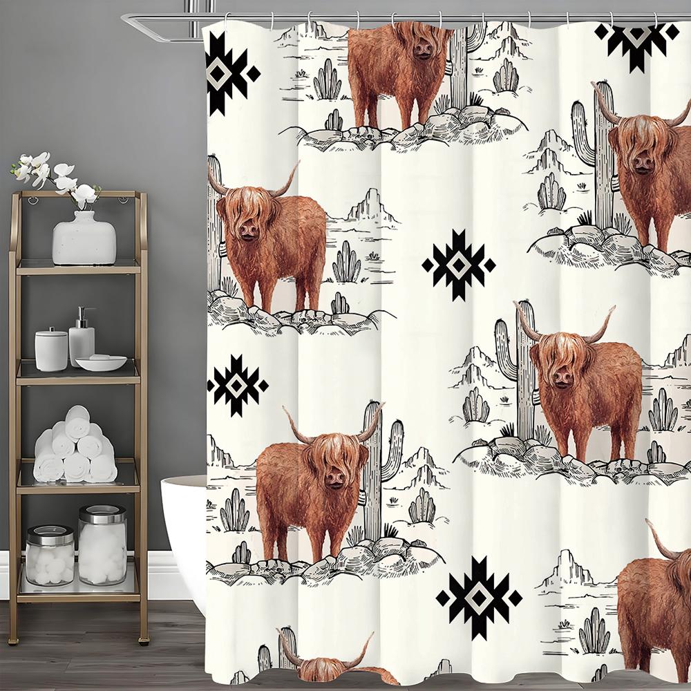 Western Desert Cow Cactus Geometric Pattern Shower Curtain, Bathroom Decorative Shower Curtain, Waterproof Shower Curtain with H
