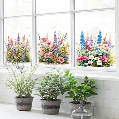 3 Sheets Spring Wildflower Window Clings Colorful Flowers Grass Reusable Static Decals for Home School Office Glass Door Windows