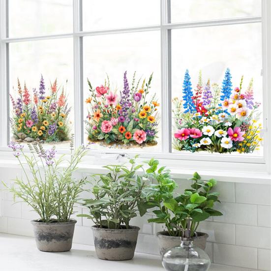 3 Sheets Spring Wildflower Window Clings Colorful Flowers Grass Reusable Static Decals for Home School Office Glass Door Windows
