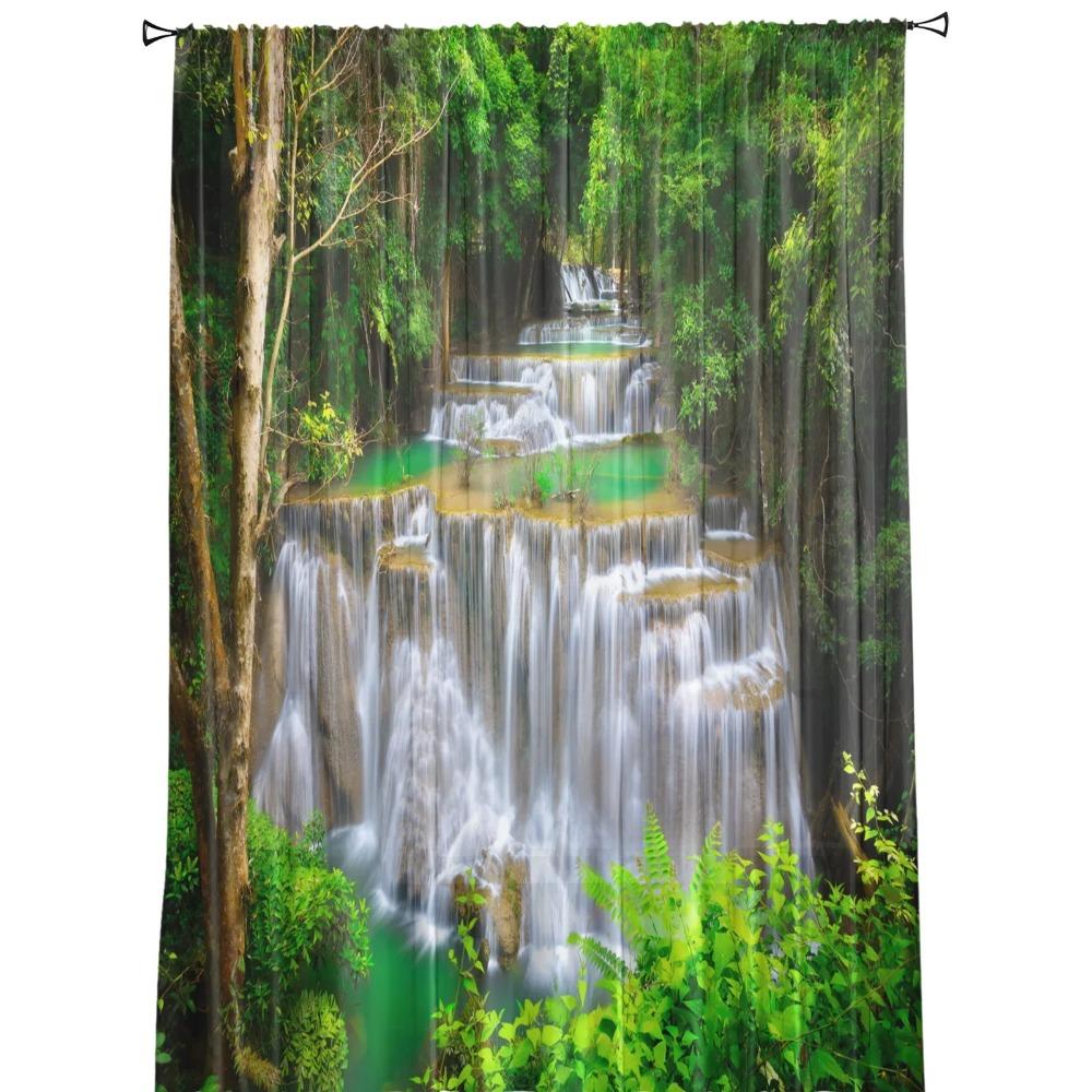 Waterfall Forest Nature Scenery Exotic Tropical Soft Tulle Transparent Window Panel Curtains for Living Room Bed Chamber Transparent Fabric Organza
