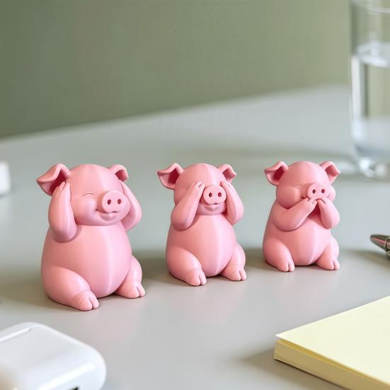 Unique Pig Figurine for Birthday Gift 3 Pcs Cute Mini Figurines, 3D Printed See Hear Speak No Evil Adorable Animal Home Decor Pink Statue, Novelty