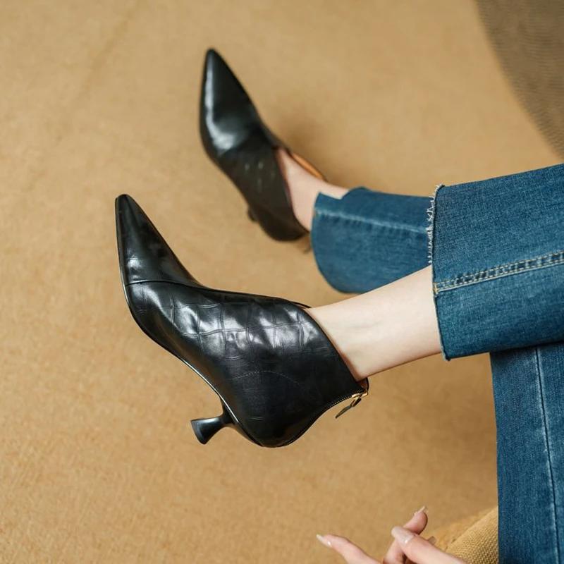 Mode NEU Herbst/Winter Damenstiefel Spitzschuh Kitten Heel Schuhe Echtes Leder Schuhe für Damen Reißverschluss Stiefeletten Elegant Moderne Stiefel