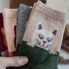 5 Pairs Women'S Mid-Calf Cat Face Socks Thick & Warm, Assorted Colors (Black, Gray, Brown, Orange, Green) - Perfect for Fall & Winter, Cute Socks