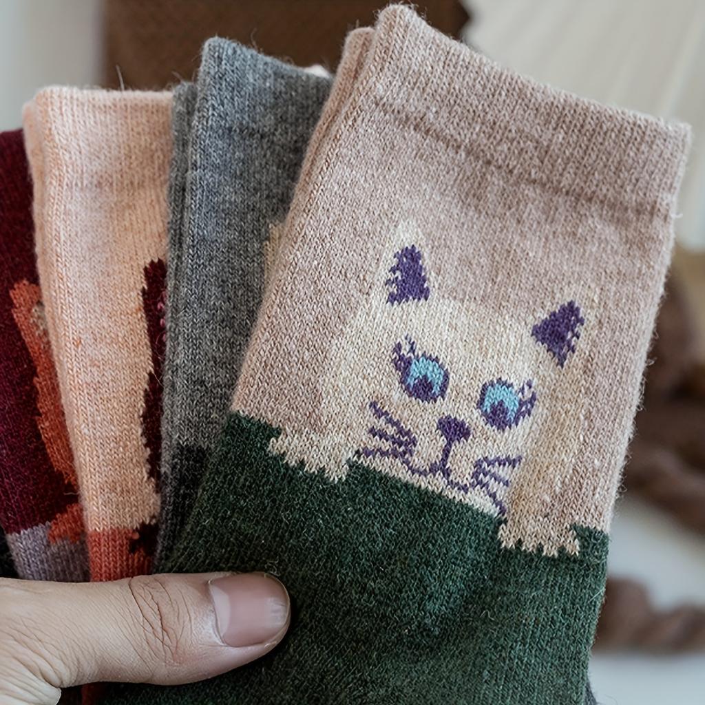 5 Pairs Women'S Mid-Calf Cat Face Socks Thick & Warm, Assorted Colors (Black, Gray, Brown, Orange, Green) - Perfect for Fall & Winter, Cute Socks