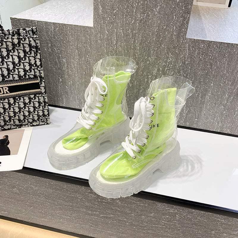 Transparente Schnür-Martin-Boots im koreanischen Stil: Kristallsohle, Knöchel-Sneakers mit dicker Sohle für Damen und Studentinnen - Modische Regenstiefel