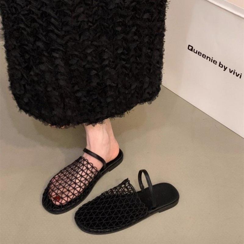 Retro Niche Design Flat-bottomed Bag Head Slippers 2025 New Fishing Net Hollow Sandals Korean Mesh Muller Shoes