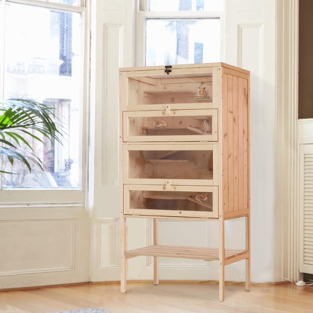 Solid Wood Hamster Cage with Opening Roof, 4 Connected Shelves and Ramps, 60 x 40 x 120 cm