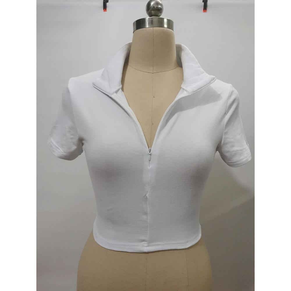 Hvit T-skjorte Crop Tops Kvinner Sommer Sexy Glidelås Kort T-skjorte Topp Slank Mote Dame Skjorter