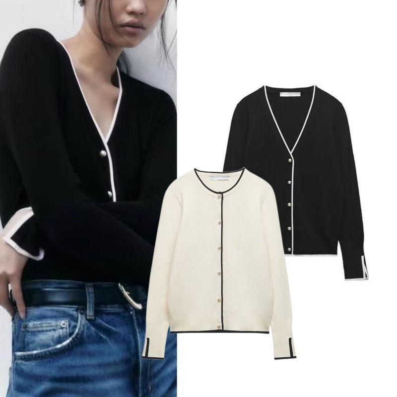 Spring New Arrival Women's Clothing Long Sleeves V Neck Pearl Breasted Outwear Black Sweaters Cardigan 0506105