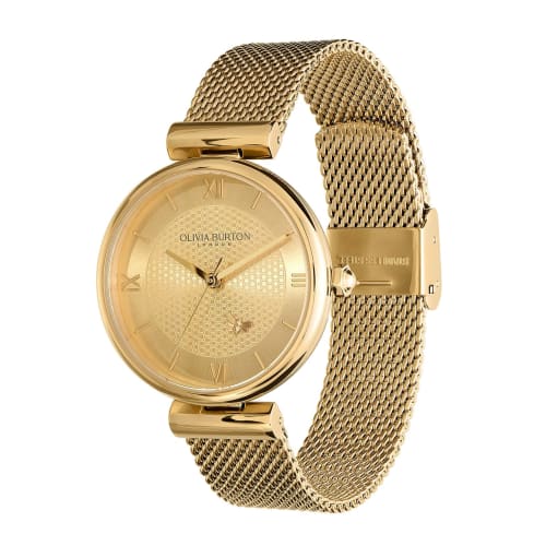 Authorized Retailer OLIVIA BURTON Women's Watch Ob24000096 Signature 36mm Minimalist B T-Bar Light Gold & Gold Mesh