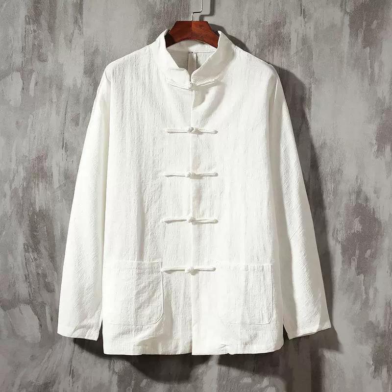 Men's Spring and Autumn Plus Size Solid Colour Chinese Linen Long Sleeved Plate Buckle Cotton Shirt Stand Up Collar Retro Shirt