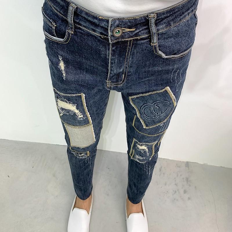 

Мужские джинсы слим-фит с рваным пэчворком и аппликацией - Модные брюки для осени/зимы 31