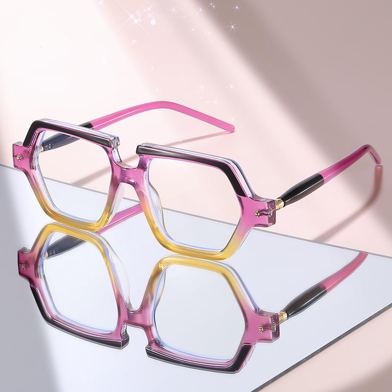 

New Bold Geometric Eyeglasses: Gradient Pink-Yellow Frame with Black Accents, Anti-Blue Light Lenses for Trendy Women’s Daily фиолетовый