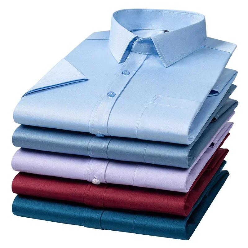 Camisa Masculina de Verão Não Amassa Anti-Rugas Casual de Negócios Cor Sólida Elástica Lisa Manga Curta Trabalho Social