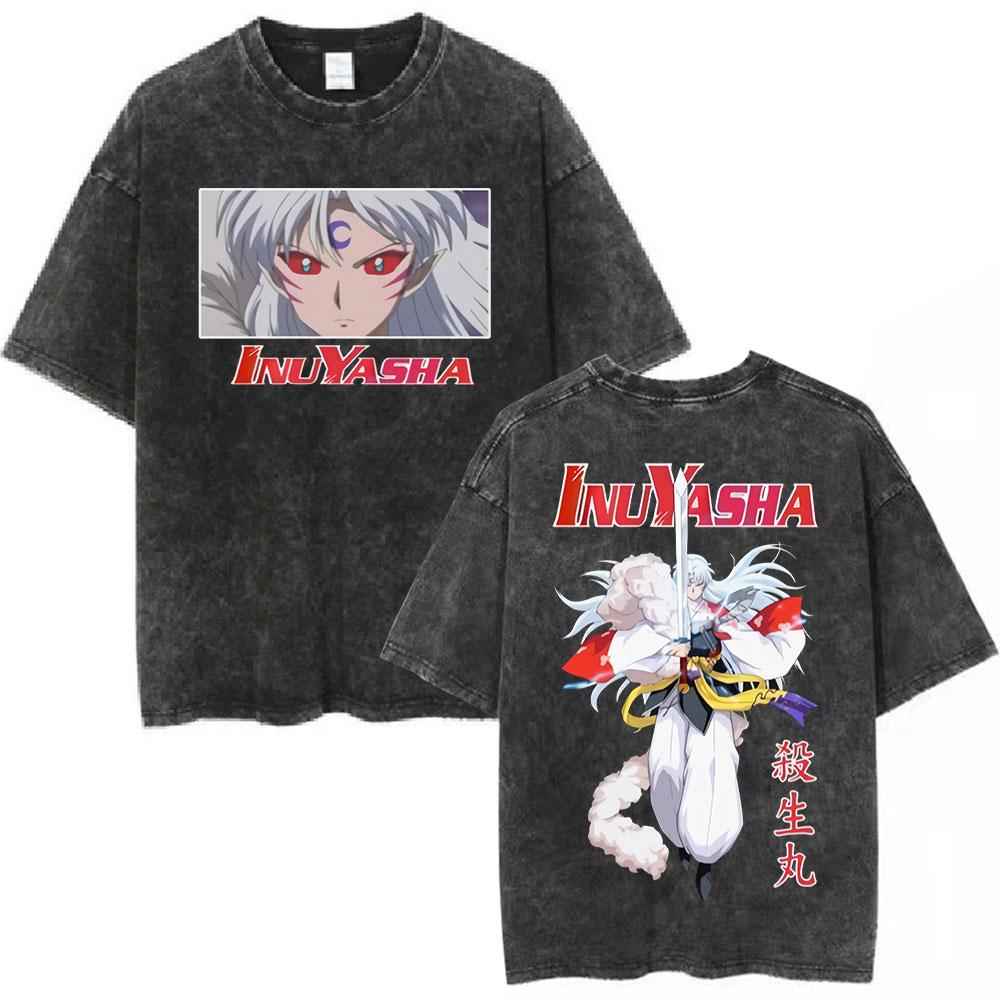 Washed Vintage Anime Inuyasha Sesshomaru Manga Graphics T Shirt Fashion Men Women Short Sleeve Cotton Loose Tshirt Streetwear