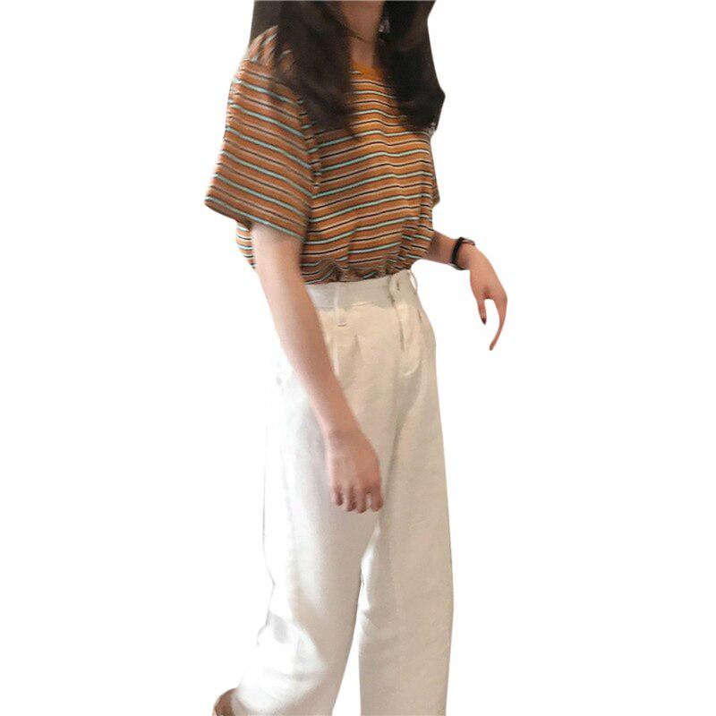 

Женская модная летняя повседневная футболка с коротким рукавом и круглым вырезом в корейском стиле, полосатая свободная футболка XL