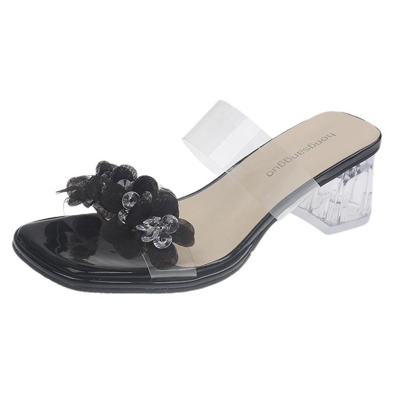 2025 new summer fairy wind flower one-word slippers female summer wear fashionable versatile niche thick heel cool slippers