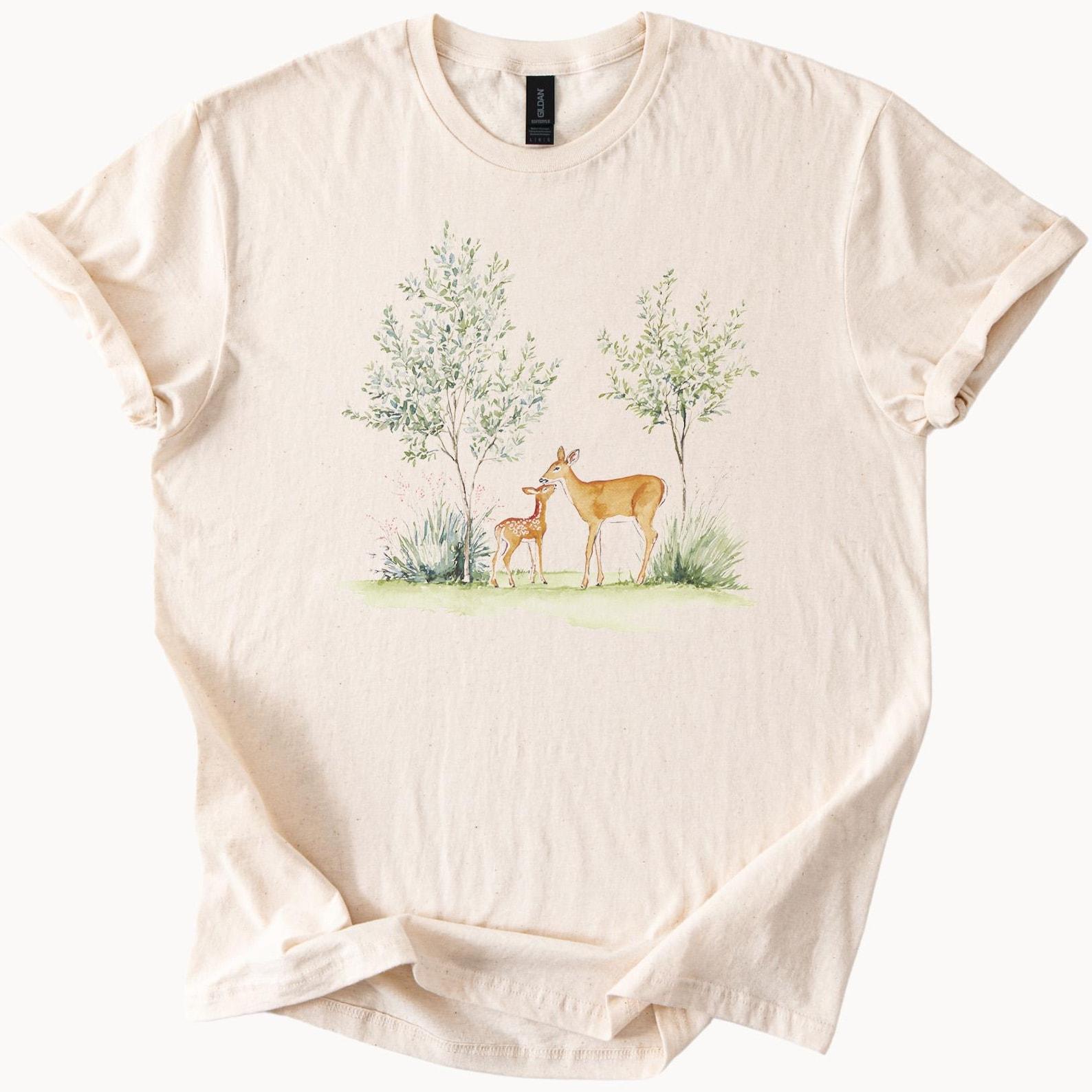 Deer and Fawn Watercolor Forest Nature Graphic Tee Woodland Animals Shirt Wildlife Art Outdoors TShirt Hand Painted Botanical Gift 160