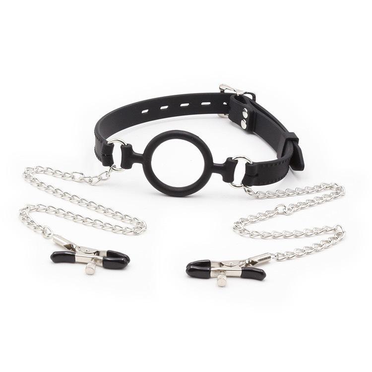 Silicone O-ring Gag with Nipple Clamps - Black Bondage Set