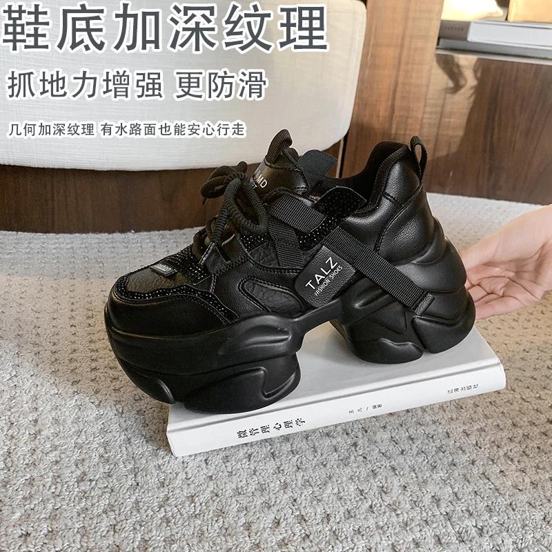 Fashion 8.5CM Microfiber Leather Women Casual Chunky Shoes New Autumn High Platform Wedge Heels Sneakers Outdoor Skateboard Dad Shoes
