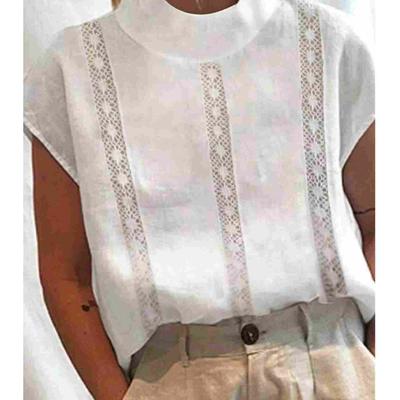Vintage Tops Damen Bluse Solide Baumwolle Leinen Sommer Casual Chic Tunika Hallow Spitze Patchwork Übergroße weiße Blusen