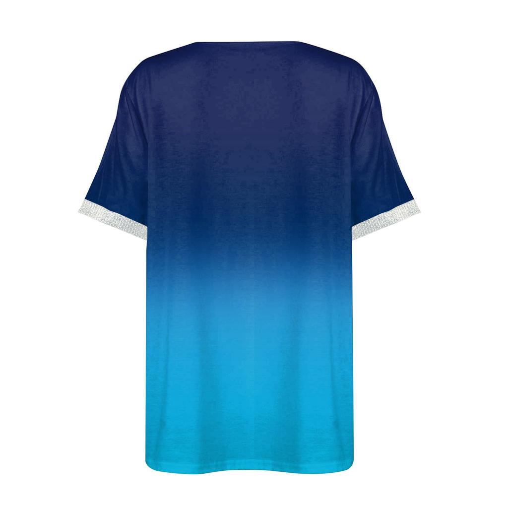 Women's Summer Loose T-shirt Gradient Color Printed Casual V-neck Sequin Short-sleeved Top