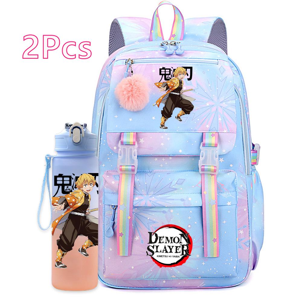 2Pcs/set Cute Demon Slayer Printed Backpack with 750Ml Water Bottler for Teenager Student Girl Boy Large Capacity Waterproof Bookbag Travel Bag Gift