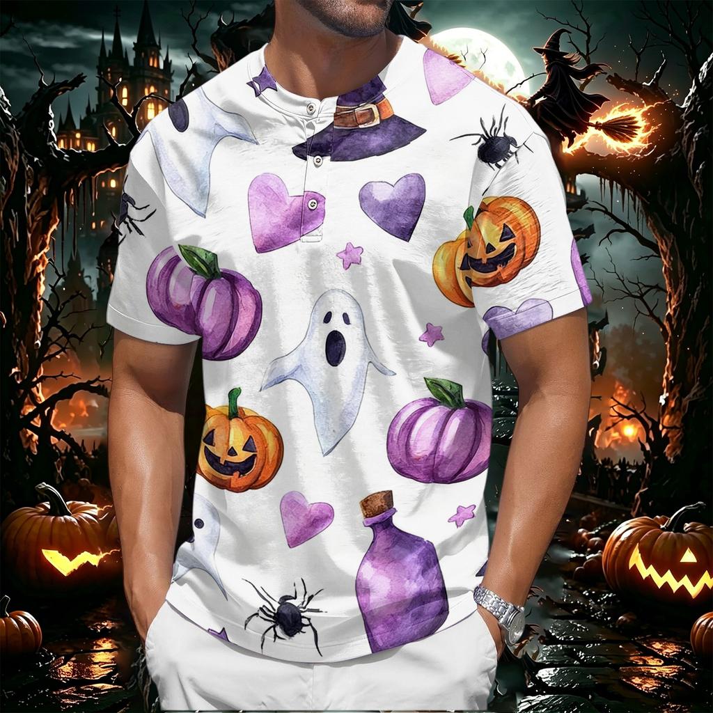 Men's Halloween Printed Crew Neck Short Sleeve Shirt Casual Loose Fit Top with and Pumpkin Pattern for Holiday