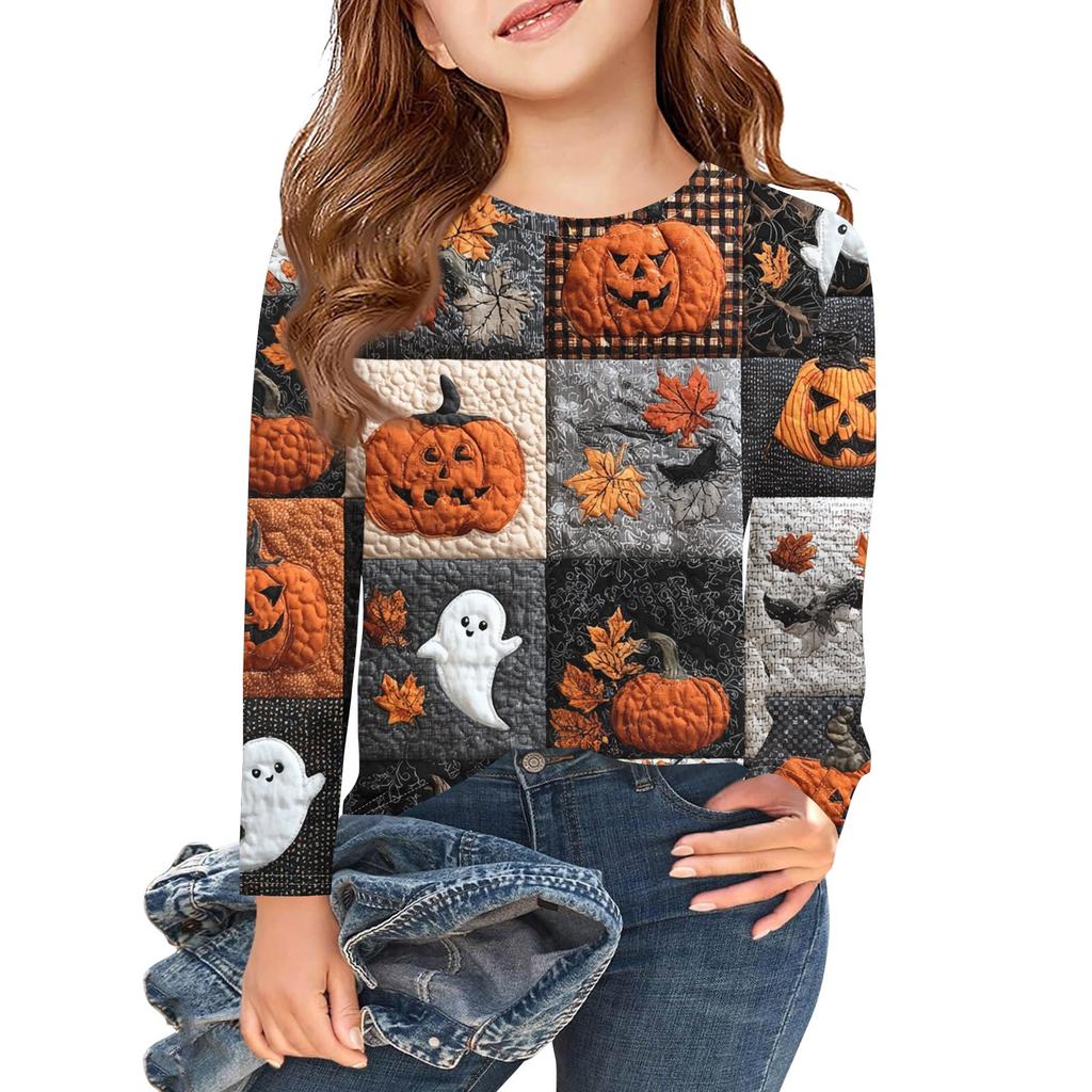 Mädchen Langarm T-Shirts Kinder Herbst Tops Rundhalsausschnitt Halloween Bedruckt Basic Tees 3-9J