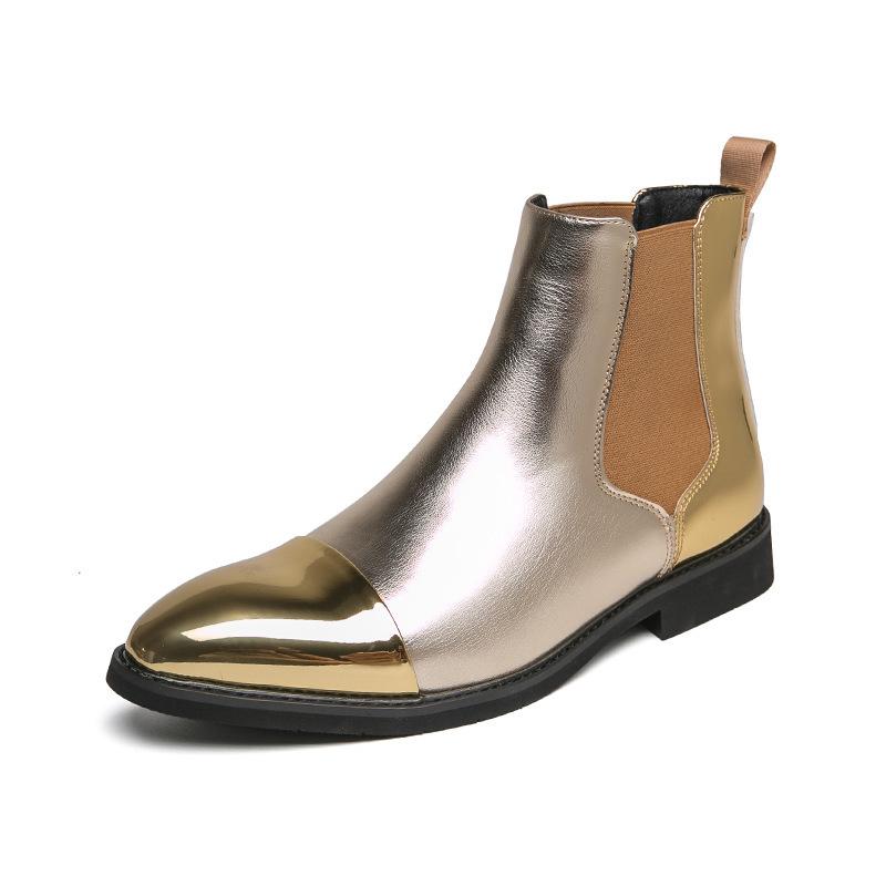 

2025 winter plus size Chelsea gold leather boots men s pointed Martin boots patent leather glossy high leathershoes 38 золотой