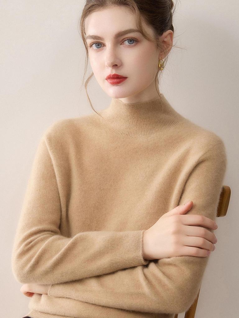 Women's Cashmere Half-High Collar Sweater - Pure, Solid Color, Warm Knitted Base Layer