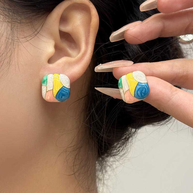 Colorful Glaze Water Drop Women's Stud Earrings Blue Pink Enamel Multi-colored Grids Small Square Earrings for Girls Boho Jewery