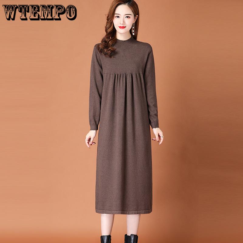 Knitted Dress for Women Loose Mid-length Sweater Long-sleeved Casual Sweater Dress for Autumn and Winter