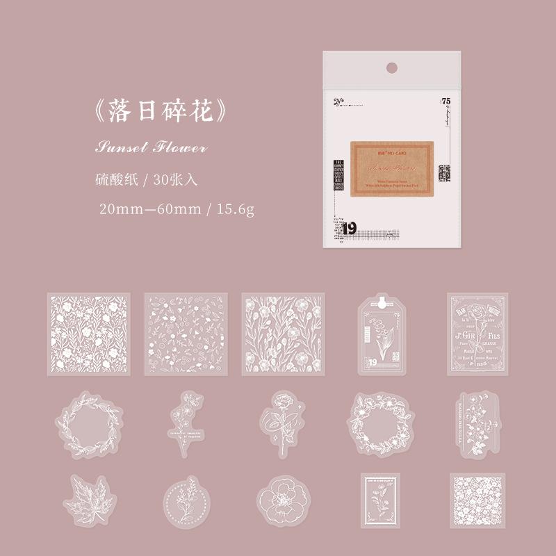 30-Piece White Translucent Lace Sticker Pack, Exquisite Floral & Geometric Patterns with Delicate Embroidery Details