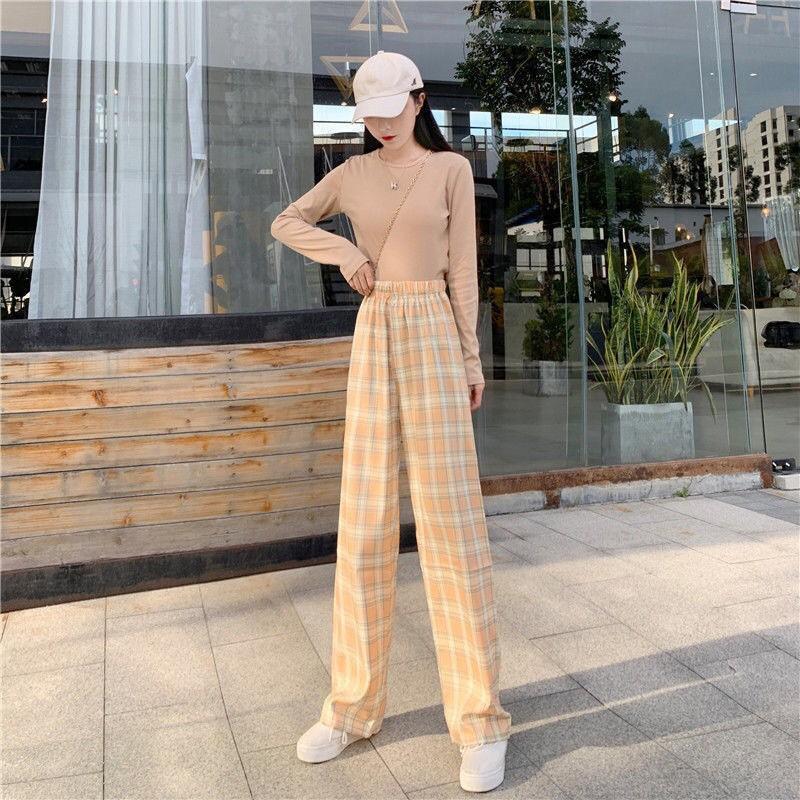 Womens High-Waisted Wide-Leg Plaid Trousers Lightweight Flowy Loose Fit Casual Pants 2026