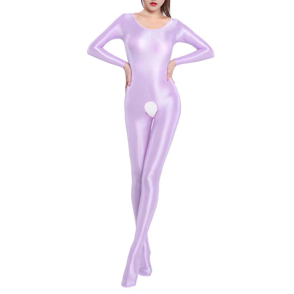 Womens Glossy Smooth Full Body Jumpsuit Long Sleeve Stretchy Bodysuit