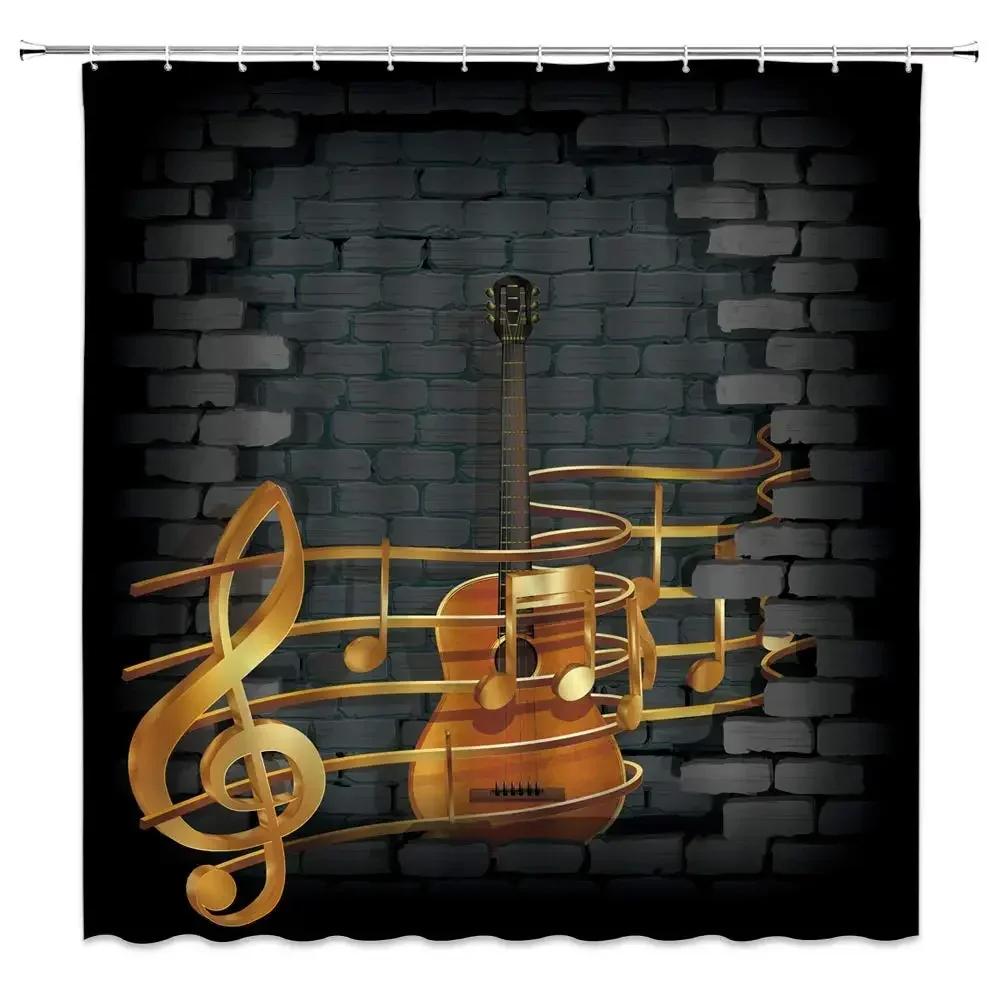 Music Shower Curtain,Black And White Music Notes Bathroom Shower Curtains Polyester Fabric Fashion Gray Bathroom Set With Hooks