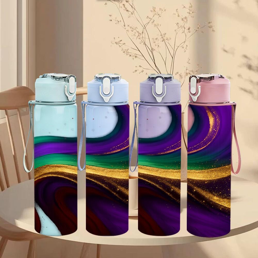 1PC Purple Gold Swirl Liquid Marble Print 750ml Color Plastic Sports Water Bottle Leakproof Flip Straw Lid Suitable for Sports Office Home Use
