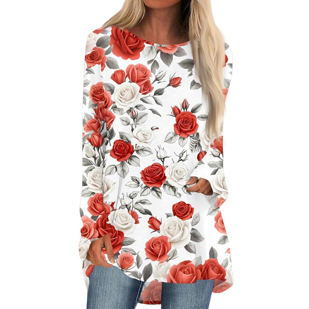 Women's Fashion Casual Long Sleeve Print Round Neck Pullover Top Blouse