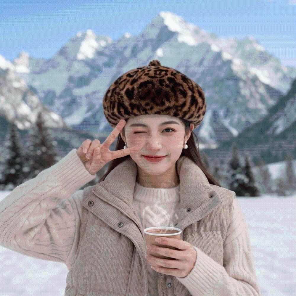 Furry Leopard Print Hat Thickened Pumpkin Painter Cap Plush Octagonal Cap Commuting