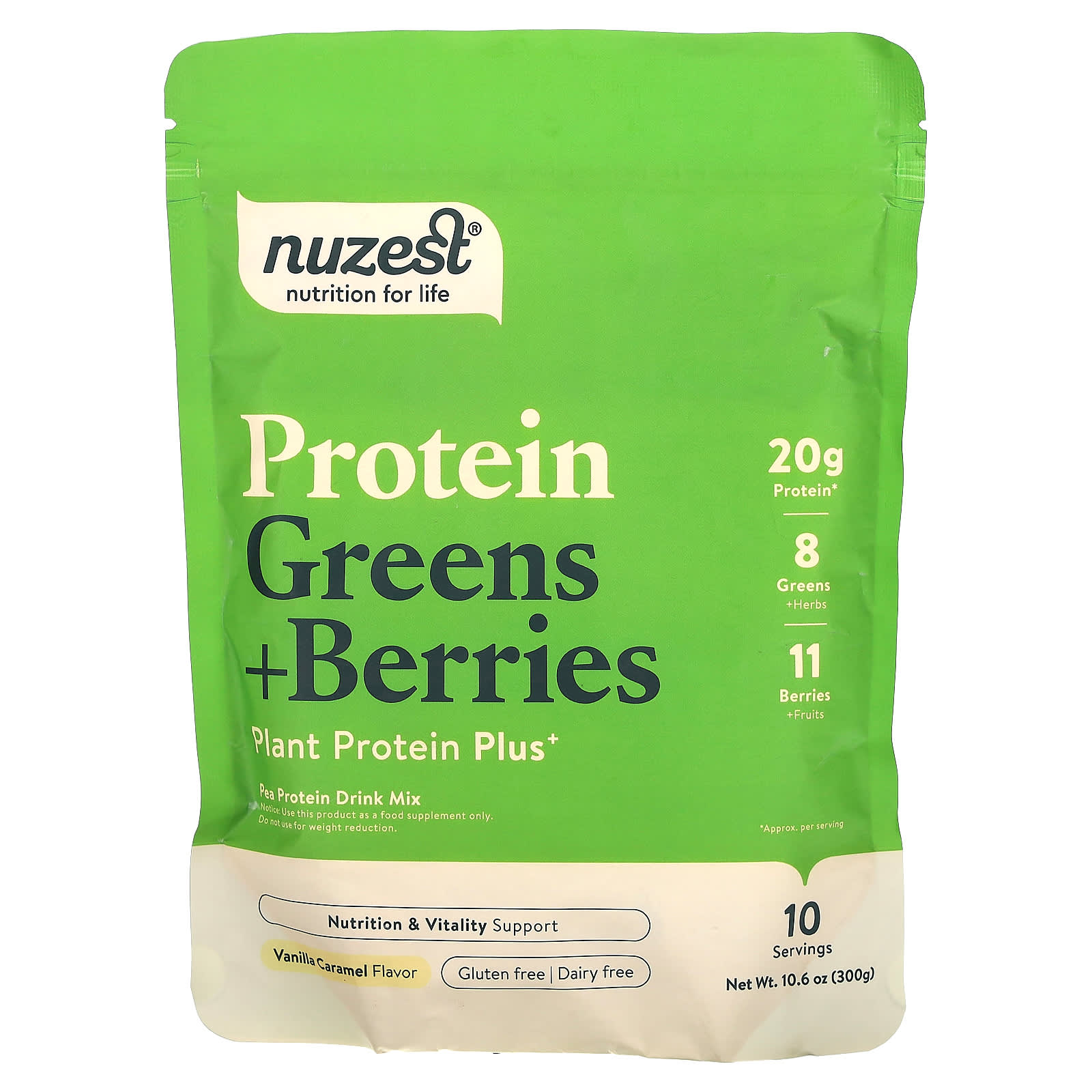 

Nuzest, Protein Green + Berry, Vanilla Caramel, 10.6 oz (300 g)