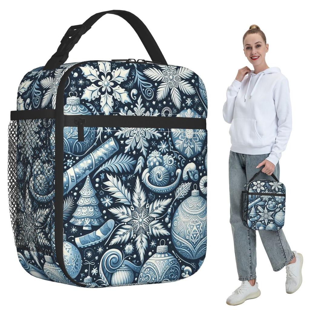 Christmas.blue And White Insulated Lunch Bag for Kids School Cooler Thermal Food Box Tote Leakproof Lunch Boxes Container