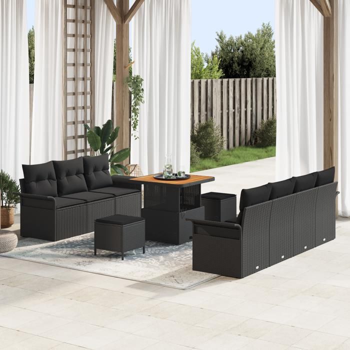 Ensemble de Canapé de Jardin de 10 Pièces avec Coussins Noir Poly Rattan Acacia, Canapé de Jardin 2 Places avec Coussins 3362094